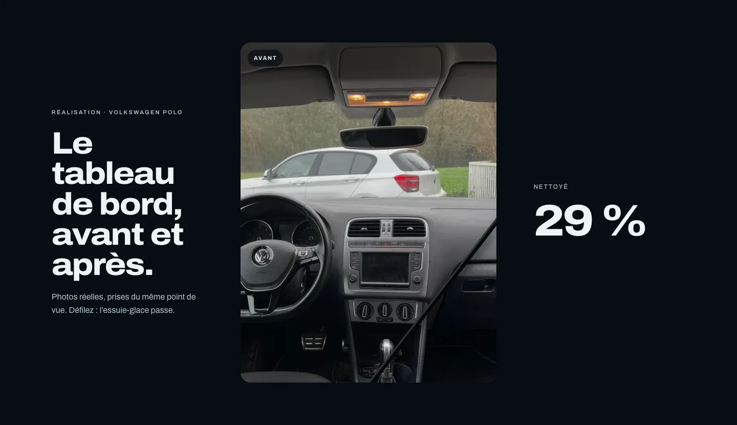 Section avant/après du site LGRC : l’essuie-glace balaie le tableau de bord d’une Volkswagen Polo