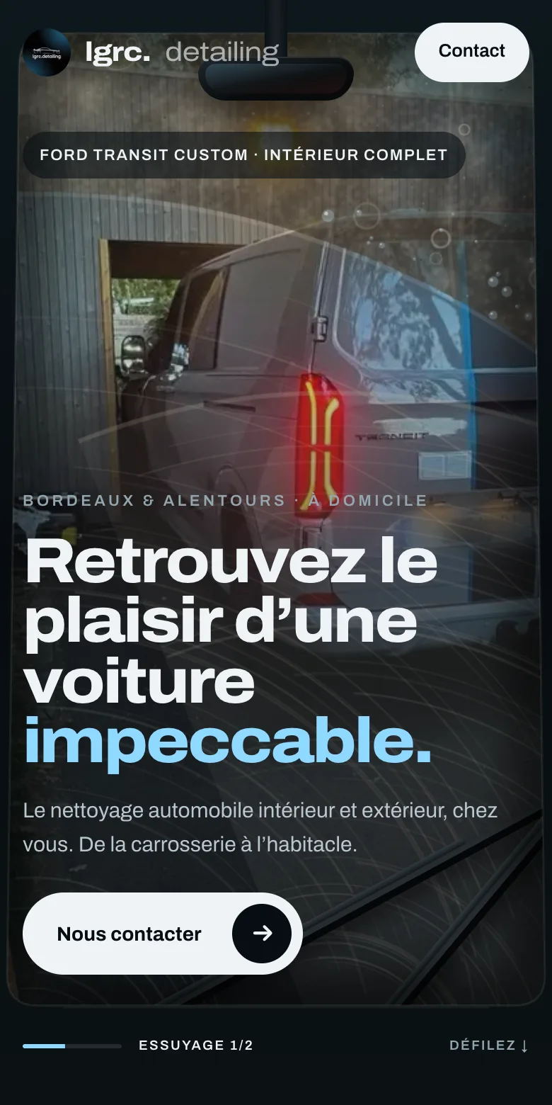 Le site LGRC Detailing sur téléphone, pendant le passage des essuie-glaces